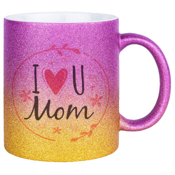 I Love you Mom pink, Κούπα Χρυσή/Ροζ Glitter, κεραμική, 330ml