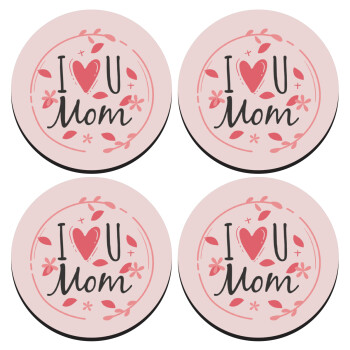 I Love you Mom pink, SET of 4 round wooden coasters (9cm)