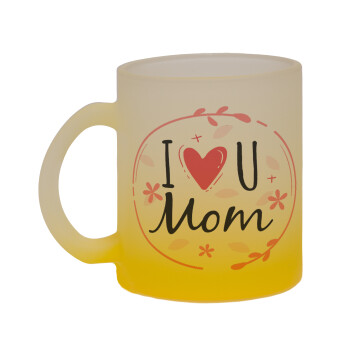 I Love you Mom pink, Κούπα γυάλινη δίχρωμη με βάση το κίτρινο ματ, 330ml