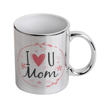 I Love you Mom pink, Κούπα κεραμική, ασημένια καθρέπτης, 330ml