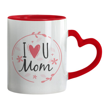I Love you Mom pink, Κούπα καρδιά χερούλι κόκκινη, κεραμική, 330ml