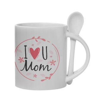 I Love you Mom pink, Ceramic coffee mug with Spoon, 330ml (1pcs)