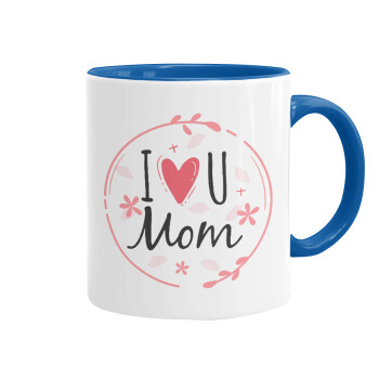 I Love you Mom pink, Mug colored blue, ceramic, 330ml