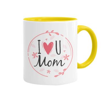 I Love you Mom pink, Mug colored yellow, ceramic, 330ml