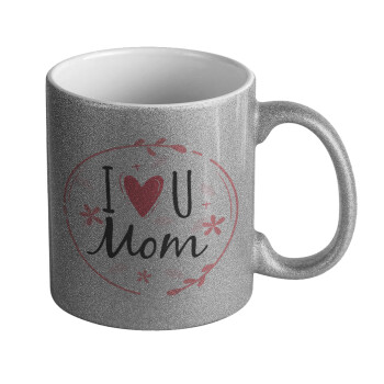 I Love you Mom pink, Κούπα Ασημένια Glitter που γυαλίζει, κεραμική, 330ml