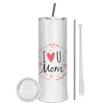 I Love you Mom pink, Tumbler ποτήρι θερμό από ανοξείδωτο ατσάλι 600ml, με μεταλλικό καλαμάκι & βούρτσα καθαρισμού