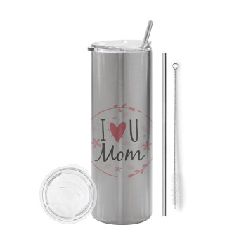 I Love you Mom pink, Eco friendly stainless steel Silver tumbler 600ml, with metal straw & cleaning brush