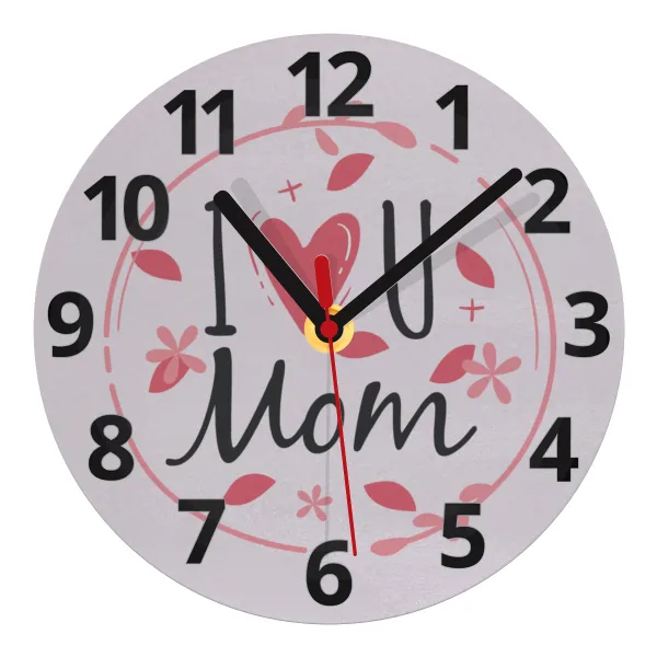 I Love you Mom pink — Ρολόι τοίχου γυάλινο 20cm