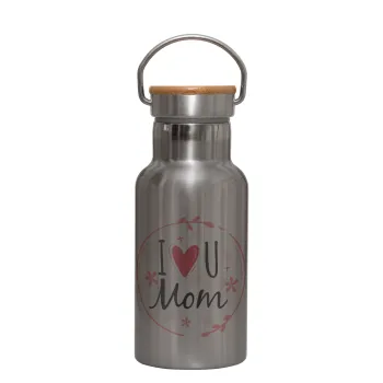 I Love you Mom pink, Μεταλλικό παγούρι θερμός (Stainless steel) Ασημένιο με ξύλινο καπακι (bamboo), διπλού τοιχώματος, 350ml