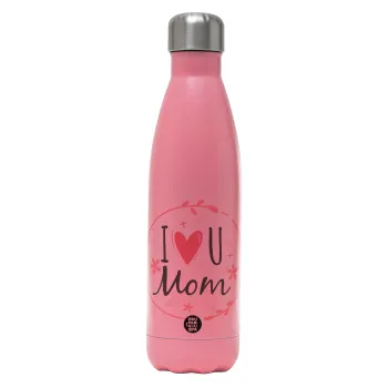 I Love you Mom pink, Μεταλλικό παγούρι θερμός Ροζ Ματ (Stainless steel), διπλού τοιχώματος, 500ml