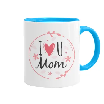 I Love you Mom pink, Κούπα χρωματιστή γαλάζια, κεραμική, 330ml