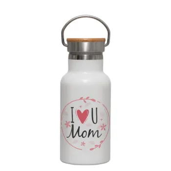 I Love you Mom pink, Μεταλλικό παγούρι θερμός (Stainless steel) Λευκό με ξύλινο καπακι (bamboo), διπλού τοιχώματος, 350ml