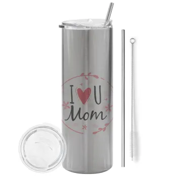 I Love you Mom pink, Tumbler ποτήρι θερμό Ασημένιο από ανοξείδωτο ατσάλι 600ml, με μεταλλικό καλαμάκι & βούρτσα καθαρισμού