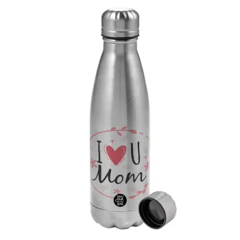 I Love you Mom pink, Metallic water bottle, stainless steel, 750ml