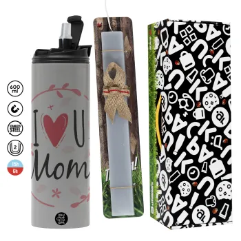 I Love you Mom pink, Πασχαλινή Λαμπάδα με Travel Tumbler θερμό (600ml, BPA free) & κερί αρωματικό πλακέ (30cm) (ΓΚΡΙ)
