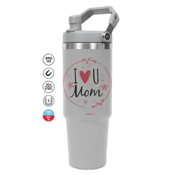 I Love you Mom pink, ΓΚΡΙ Travel Tumbler Θερμός με χερούλι και καλαμάκι 890ml