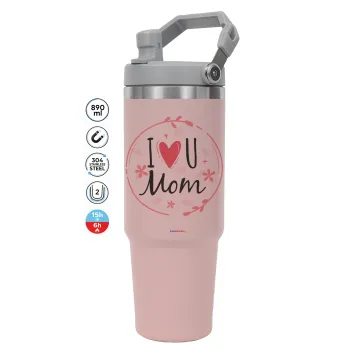 I Love you Mom pink, ΡΟΖ Travel Tumbler Θερμός με χερούλι και καλαμάκι 890ml