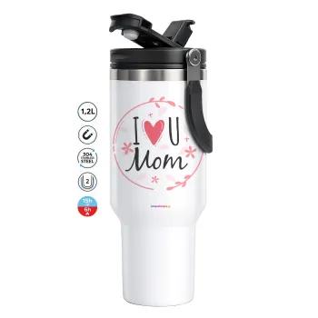 I Love you Mom pink, Mega Travel Mug / Κούπα Ταξιδίου, διπλού τοιχώματος (θερμό) 1,2L