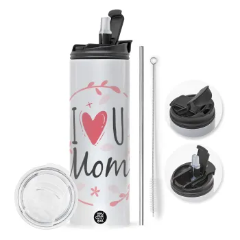 I Love you Mom pink, Travel Tumbler 2 Lids, with metal straw & cleaning brush (Stainless steel 304 Food grade, BPA free, 600ml)