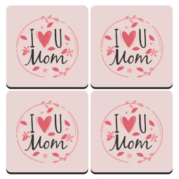 I Love you Mom pink, ΣΕΤ 4 Σουβέρ ξύλινα τετράγωνα (9cm)