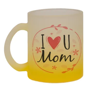 I Love you Mom pink, Κούπα γυάλινη δίχρωμη με βάση το κίτρινο ματ, 330ml