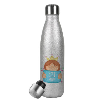 Best mom Princess, Μεταλλικό παγούρι θερμός Glitter Aσημένιο (Stainless steel), διπλού τοιχώματος, 500ml