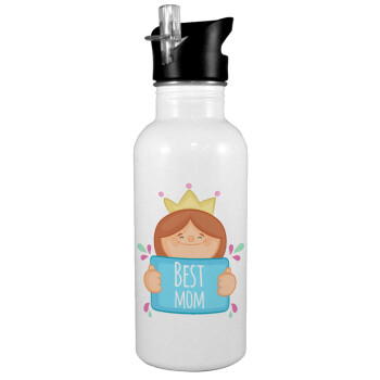 Best mom Princess, Παγούρι νερού Λευκό με καλαμάκι, ανοξείδωτο ατσάλι 600ml