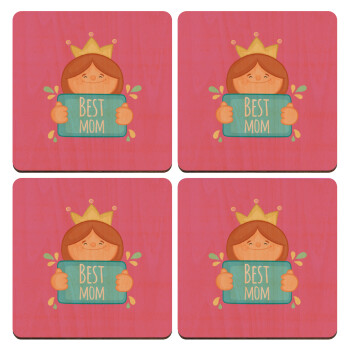 Best mom Princess, ΣΕΤ x4 Σουβέρ ξύλινα τετράγωνα plywood (9cm)