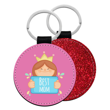 Best mom Princess, Μπρελόκ Δερματίνη, στρογγυλό ΚΟΚΚΙΝΟ (5cm)