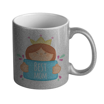 Best mom Princess, Κούπα Ασημένια Glitter που γυαλίζει, κεραμική, 330ml