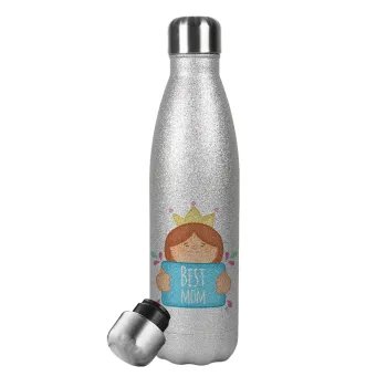 Best mom Princess, Μεταλλικό παγούρι θερμός Glitter Aσημένιο (Stainless steel), διπλού τοιχώματος, 500ml