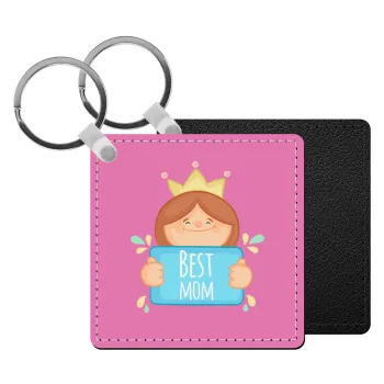 Best mom Princess, Μπρελόκ Δερματίνη, τετράγωνο ΜΑΥΡΟ (5x5cm)