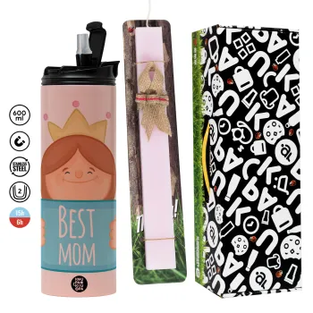 Best mom Princess, Πασχαλινή Λαμπάδα με  ΡΟΖ Travel Tumbler θερμό (600ml, BPA free) & κερί αρωματικό πλακέ (30cm) (ΡΟΖ)