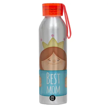 Best mom Princess, Aluminum Sports Bottle 650ml – Silver with Red Cap and Silicone Strap