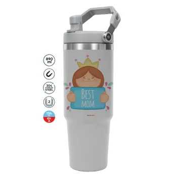 Best mom Princess, ΓΚΡΙ Travel Tumbler Θερμός με χερούλι και καλαμάκι 890ml