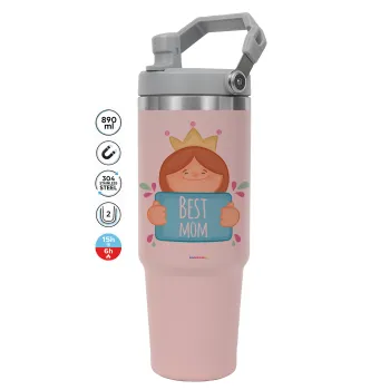 Best mom Princess, ΡΟΖ Travel Tumbler Θερμός με χερούλι και καλαμάκι 890ml