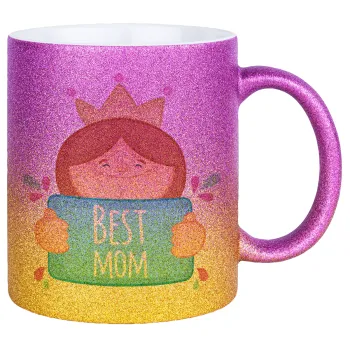 Best mom Princess, Κούπα Χρυσή/Ροζ Glitter, κεραμική, 330ml