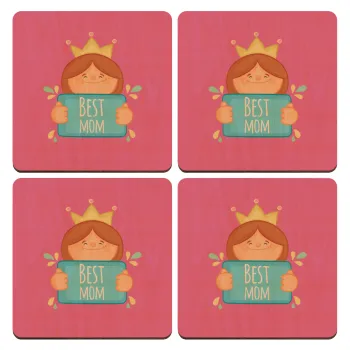 Best mom Princess, ΣΕΤ x4 Σουβέρ ξύλινα τετράγωνα plywood (9cm)