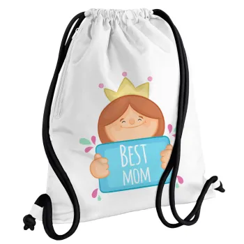 Best mom Princess, Backpack pouch GYMBAG white, with pocket (40x48cm) & thick cords