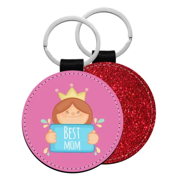 Best mom Princess, Μπρελόκ Δερματίνη, στρογγυλό ΚΟΚΚΙΝΟ (5cm)