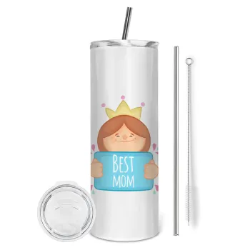 Best mom Princess, Tumbler ποτήρι θερμό από ανοξείδωτο ατσάλι 600ml, με μεταλλικό καλαμάκι & βούρτσα καθαρισμού
