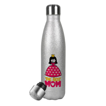 The Best Mom Queen, Μεταλλικό παγούρι θερμός Glitter Aσημένιο (Stainless steel), διπλού τοιχώματος, 500ml