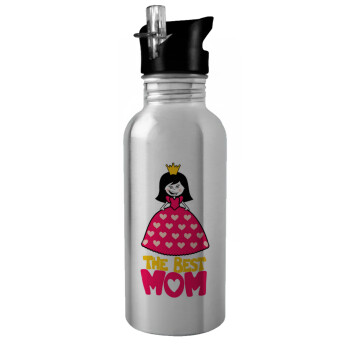 The Best Mom Queen, Water bottle Silver with straw, stainless steel 600ml