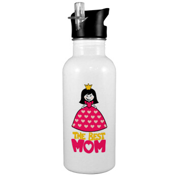 The Best Mom Queen, White water bottle with straw, stainless steel 600ml