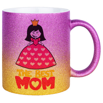 The Best Mom Queen, Κούπα Χρυσή/Ροζ Glitter, κεραμική, 330ml