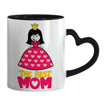 The Best Mom Queen, Κούπα καρδιά χερούλι μαύρη, κεραμική, 330ml