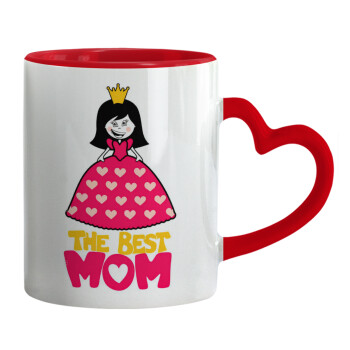 The Best Mom Queen, Κούπα καρδιά χερούλι κόκκινη, κεραμική, 330ml