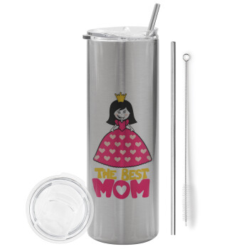 The Best Mom Queen, Tumbler stainless steel Silver 600ml, with metal straw & cleaning brush