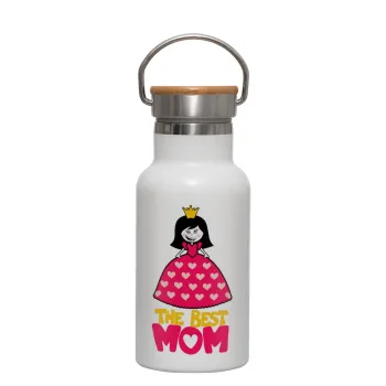 The Best Mom Queen, Μεταλλικό παγούρι θερμός (Stainless steel) Λευκό με ξύλινο καπακι (bamboo), διπλού τοιχώματος, 350ml