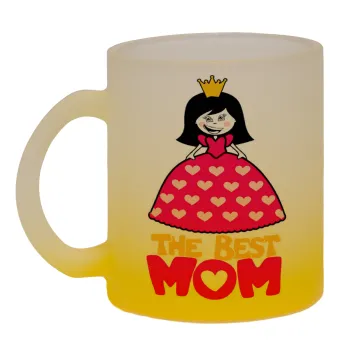 The Best Mom Queen, Κούπα γυάλινη δίχρωμη με βάση το κίτρινο ματ, 330ml